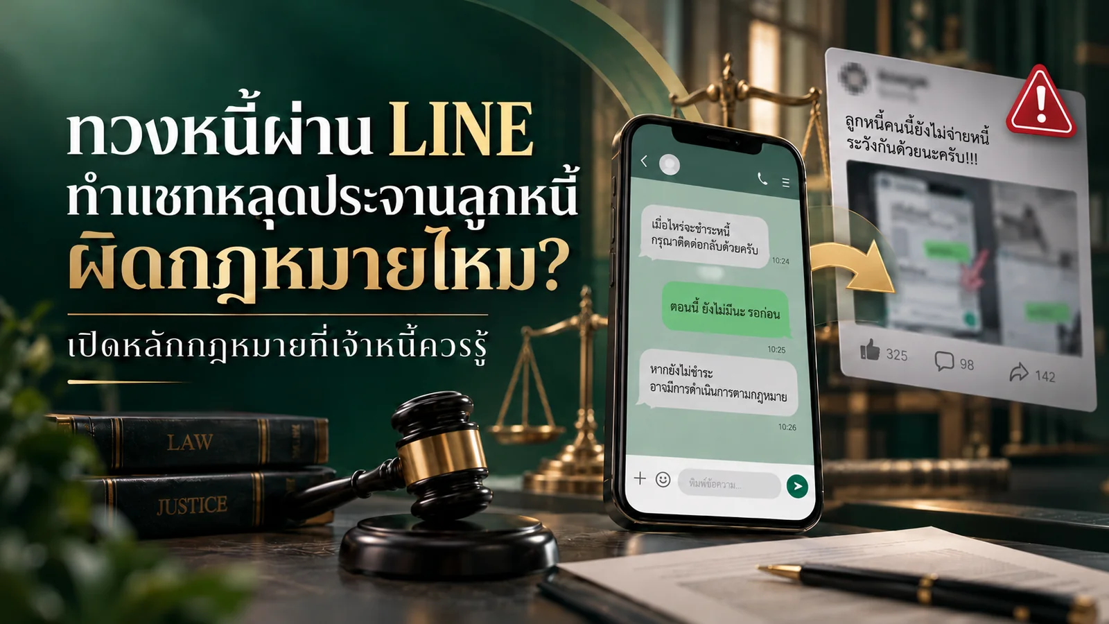ภาพปกบทความ ทวงหนี้ผ่าน LINE ทำแชทหลุดประจานลูกหนี้ ผิดกฎหมายไหม? เปิดหลักกฎหมายที่เจ้าหนี้ควรรู้ ภาพโทรศัพท์แสดงแชททวงหนี้ข้างค้อนผู้พิพากษาและตาชั่ง และภาพแคปแชทที่ถูกนำไปโพสต์ประจานพร้อมสัญลักษณ์เตือน