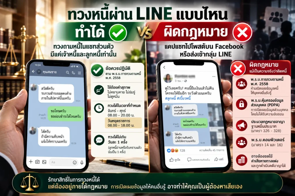 อินโฟกราฟิกเปรียบเทียบการทวงหนี้ผ่าน LINE ฝั่งทำได้ ทวงถามหนี้ในแชทส่วนตัวที่มีแค่เจ้าหนี้และลูกหนี้ ใช้ถ้อยคำสุภาพ ไม่หยาบคาย ไม่ข่มขู่ ไม่ดูหมิ่น ทวงได้วันจันทร์ถึงศุกร์ 08.00–20.00 น. วันหยุดราชการ 08.00–18.00 น. ไม่เกินวันละ 1 ครั้ง ฝั่งผิดกฎหมาย แคปแชทไปโพสต์บน Facebook หรือส่งเข้ากลุ่ม LINE เสี่ยงผิด พ.ร.บ.การทวงถามหนี้ พ.ศ. 2558 พ.ร.บ.คุ้มครองข้อมูลส่วนบุคคล ประมวลกฎหมายอาญาฐานหมิ่นประมาท มาตรา 326–328 และ พ.ร.บ.คอมพิวเตอร์ มาตรา 14 และ 16 และอาจต้องชดใช้ค่าเสียหายทางแพ่ง