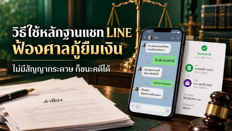 ภาพปกบทความ วิธีใช้หลักฐานแชท LINE ฟ้องศาลกู้ยืมเงิน ไม่มีสัญญากระดาษก็ชนะคดีได้ ภาพโทรศัพท์แสดงแชท LINE ที่ผู้ยืมขอยืมเงินและตกลงว่าจะคืนเดือนหน้า คู่กับสลิปโอนเงินสำเร็จ 50,000 บาท บันทึกช่วยจำว่าให้ยืมเงิน วางบนโต๊ะทนายความข้างเอกสารคำฟ้อง ตาชั่ง และค้อนผู้พิพากษา