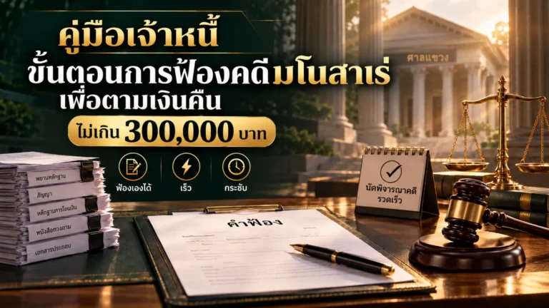 ภาพปกบทความ คู่มือเจ้าหนี้ ขั้นตอนการฟ้องคดีมโนสาเร่เพื่อตามเงินคืน ไม่เกิน 300,000 บาท ภาพโต๊ะทำงานทนายความมีคำฟ้องบนคลิปบอร์ด ปากกา แฟ้มพยานหลักฐาน สัญญา หลักฐานการโอนเงิน หนังสือทวงถาม และเอกสารประกอบ ปฏิทินนัดพิจารณาคดีรวดเร็ว ค้อนผู้พิพากษาและตาชั่ง ฉากหลังเป็นอาคารศาลแขวง พร้อมไอคอนฟ้องเองได้ เร็ว และกระชับ