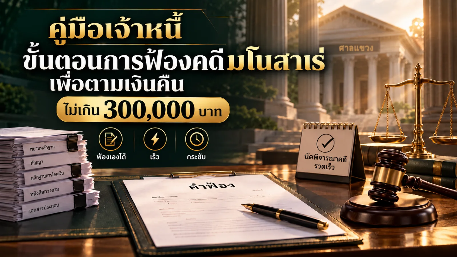 ภาพปกบทความ คู่มือเจ้าหนี้ ขั้นตอนการฟ้องคดีมโนสาเร่เพื่อตามเงินคืน ไม่เกิน 300,000 บาท ภาพโต๊ะทำงานทนายความมีคำฟ้องบนคลิปบอร์ด ปากกา แฟ้มพยานหลักฐาน สัญญา หลักฐานการโอนเงิน หนังสือทวงถาม และเอกสารประกอบ ปฏิทินนัดพิจารณาคดีรวดเร็ว ค้อนผู้พิพากษาและตาชั่ง ฉากหลังเป็นอาคารศาลแขวง พร้อมไอคอนฟ้องเองได้ เร็ว และกระชับ